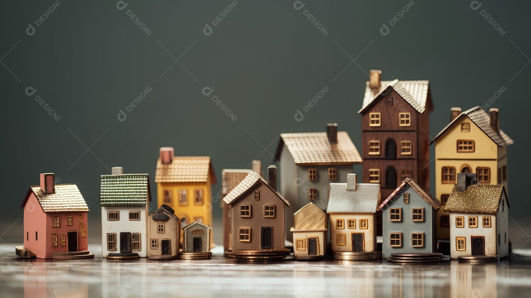 Conceito Imóveis Habitação Casas minúsculas cercadas por pilhas de moedas O mercado imobiliário.