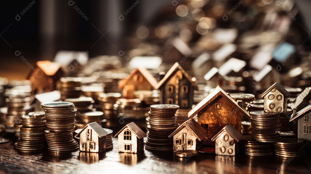 Conceito Imóveis Habitação Casas minúsculas cercadas por pilhas de moedas O mercado imobiliário.