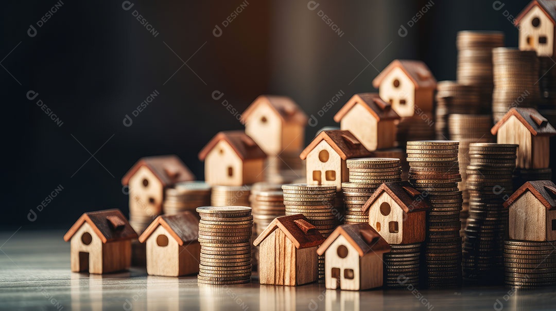 Conceito Imóveis Habitação Casas minúsculas cercadas por pilhas de moedas O mercado imobiliário.