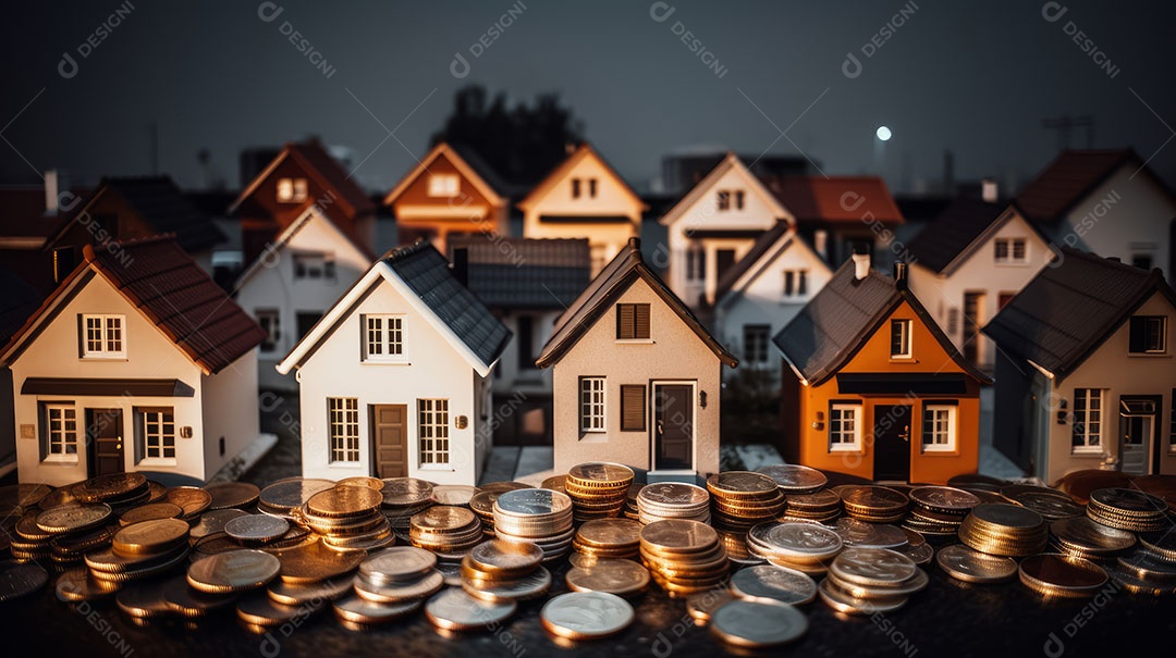 Conceito Imóveis Habitação Casas minúsculas cercadas por pilhas de moedas O mercado imobiliário.