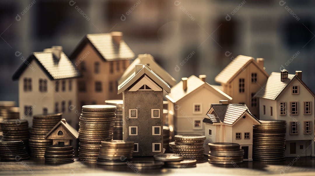 Conceito Imóveis Habitação Casas minúsculas cercadas por pilhas de moedas O mercado imobiliário.