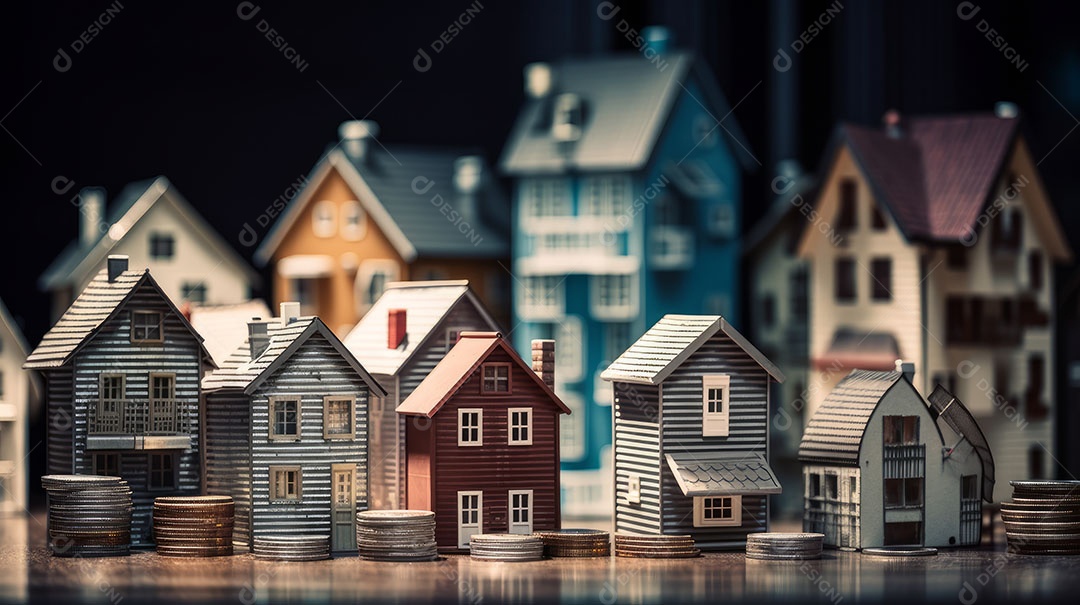 Conceito Imóveis Habitação Casas minúsculas cercadas por pilhas de moedas O mercado imobiliário.