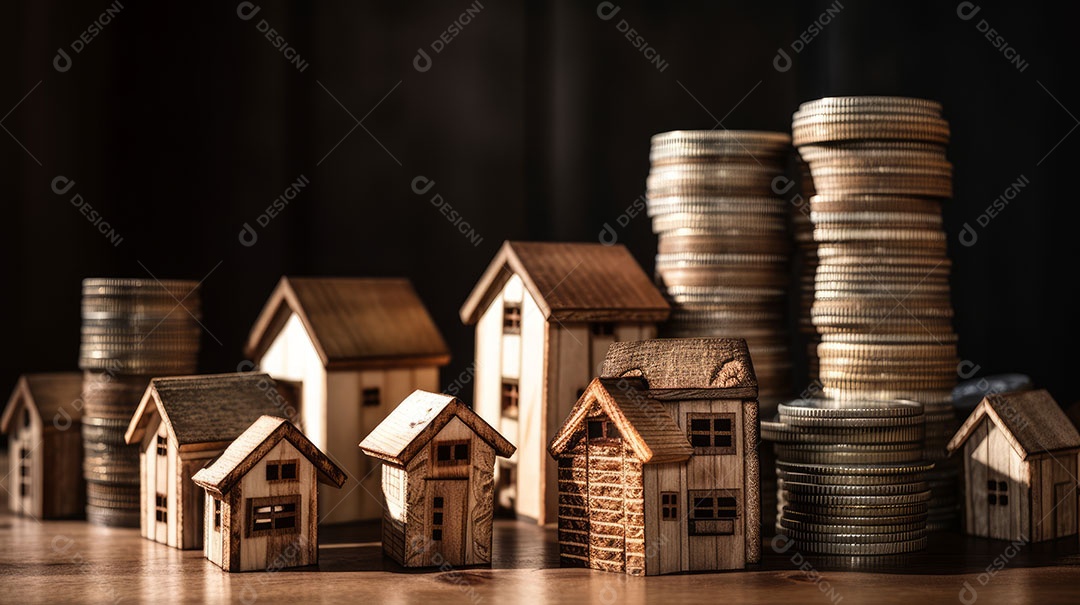 Conceito Imóveis Habitação Casas minúsculas cercadas por pilhas de moedas O mercado imobiliário.