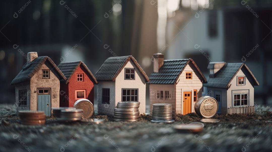 Conceito Imóveis Habitação Casas minúsculas cercadas por pilhas de moedas O mercado imobiliário.