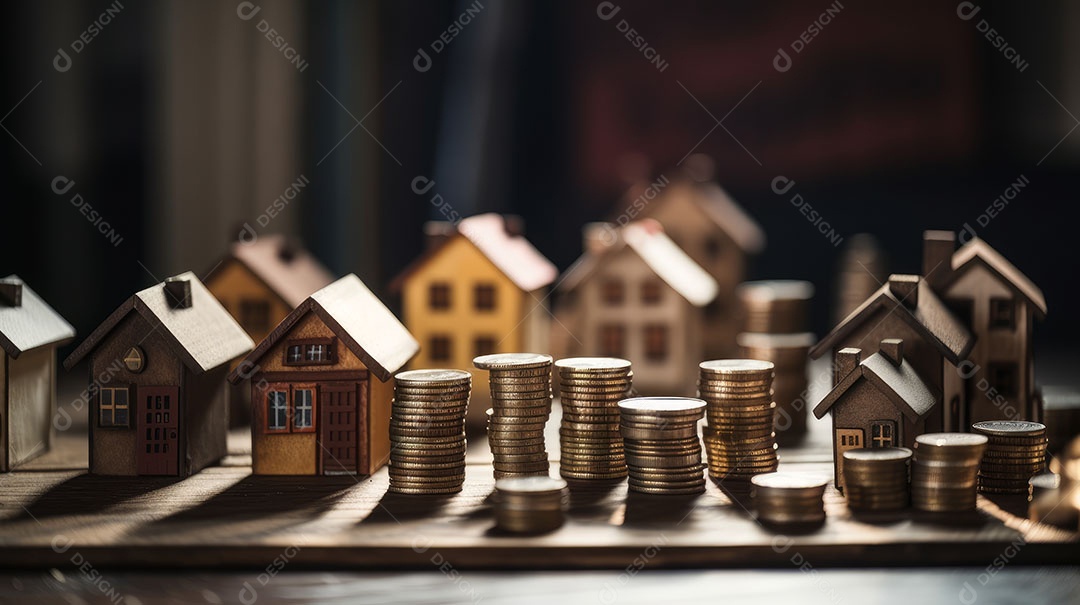 Conceito Imóveis Habitação Casas minúsculas cercadas por pilhas de moedas O mercado imobiliário.