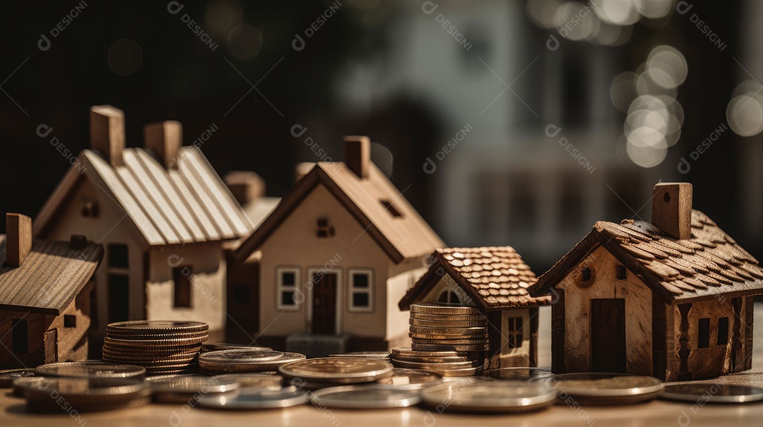 Conceito Imóveis Habitação Casas minúsculas cercadas por pilhas de moedas O mercado imobiliário.