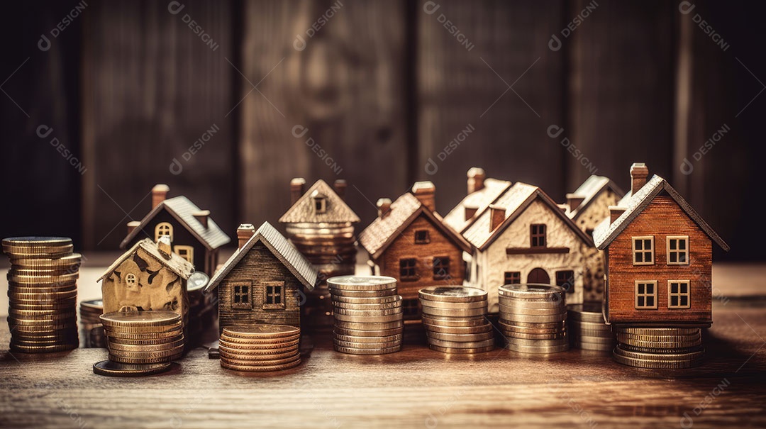 Conceito Imóveis Habitação Casas minúsculas cercadas por pilhas de moedas O mercado imobiliário.