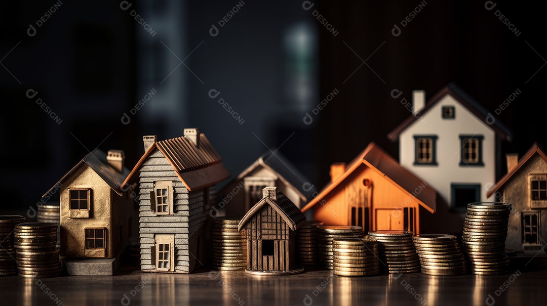 Conceito Imóveis Habitação Casas minúsculas cercadas por pilhas de moedas O mercado imobiliário.