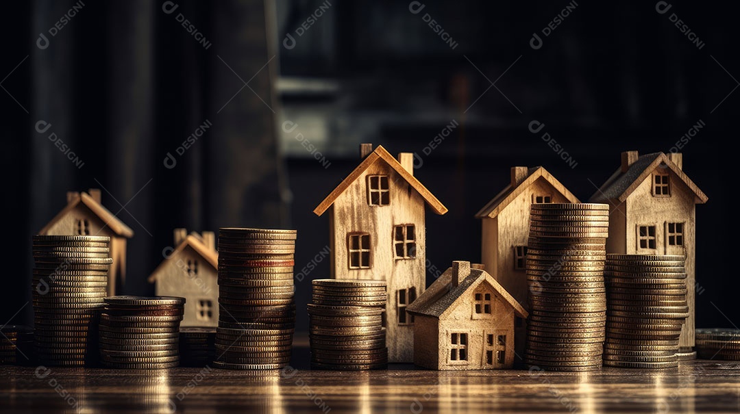 Conceito Imóveis Habitação Casas minúsculas cercadas por pilhas de moedas O mercado imobiliário.