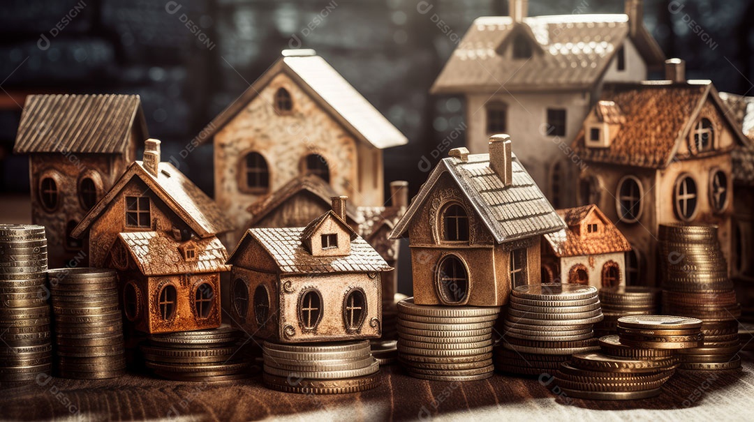 Conceito Imóveis Habitação Casas minúsculas cercadas por pilhas de moedas O mercado imobiliário.