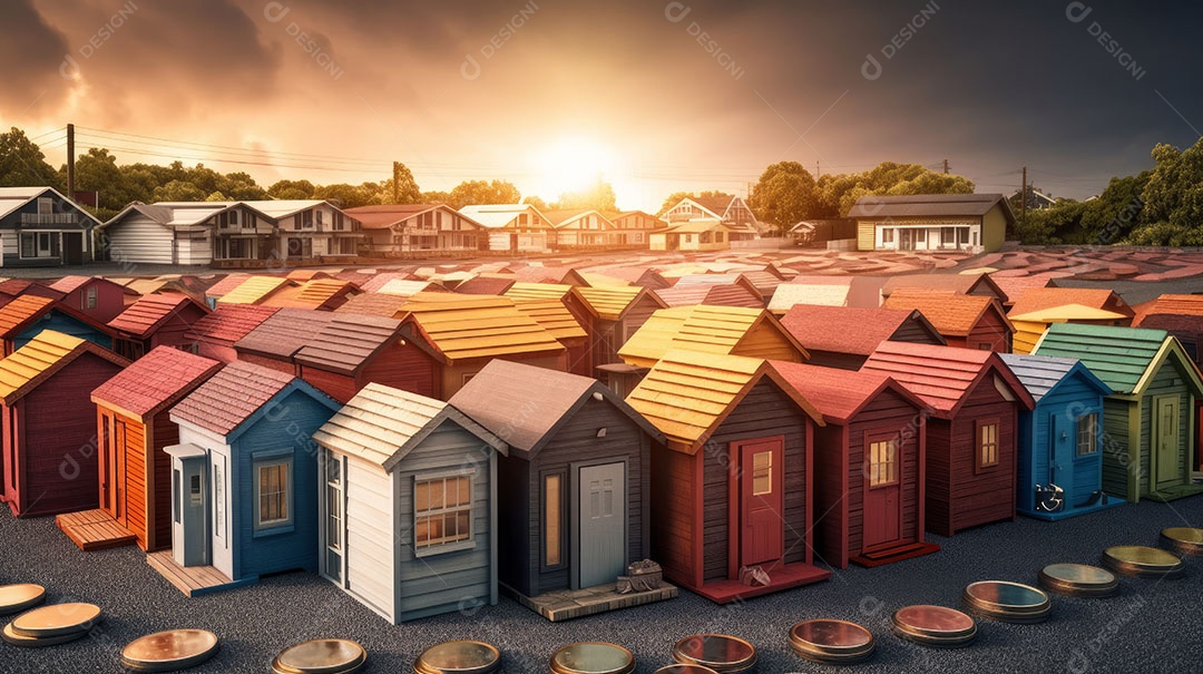 Conceito Imóveis Habitação Casas minúsculas cercadas por pilhas de moedas O mercado imobiliário.