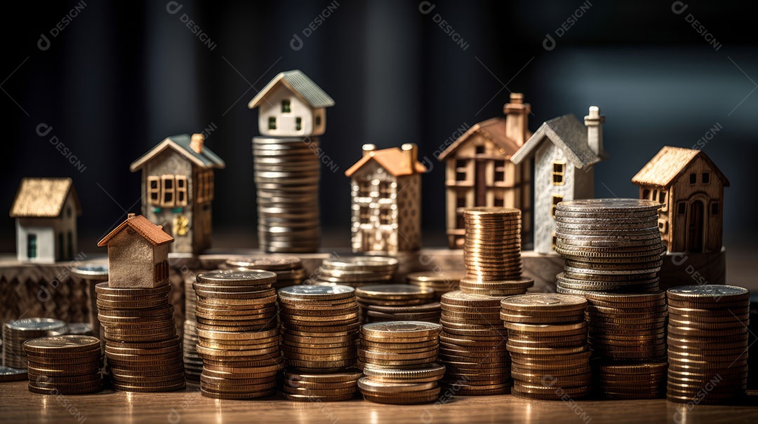 Conceito Imóveis Habitação Casas minúsculas cercadas por pilhas de moedas O mercado imobiliário.