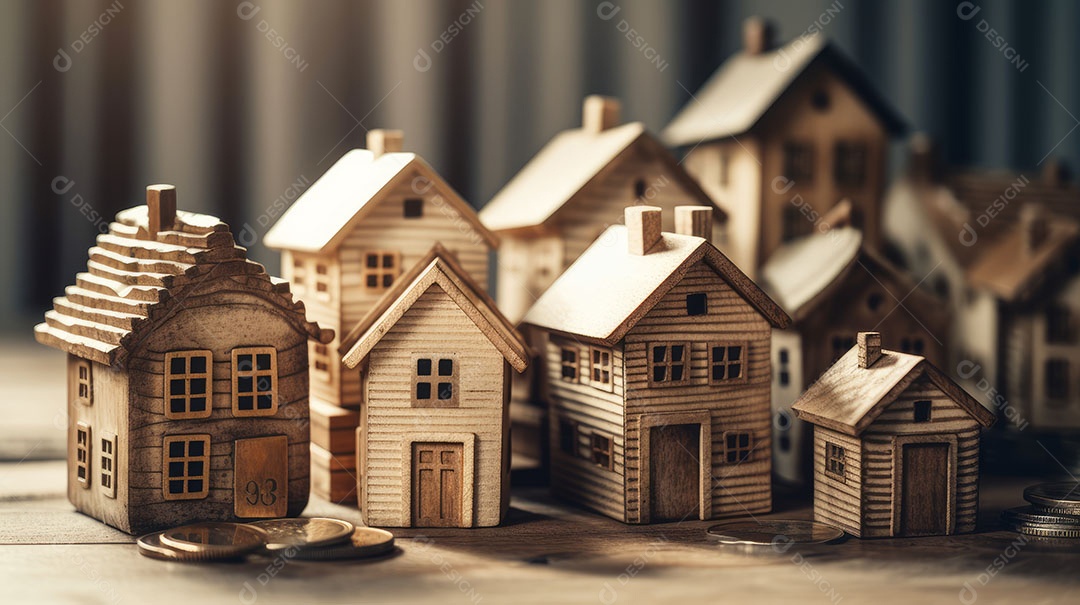 Conceito Imóveis Habitação Casas minúsculas cercadas por pilhas de moedas O mercado imobiliário.