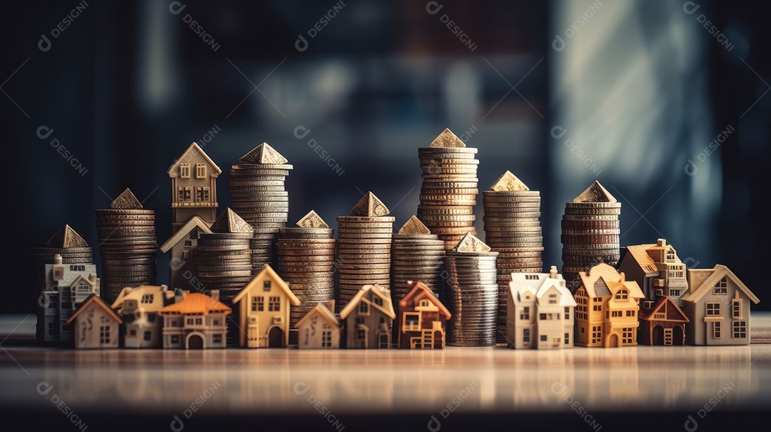 Conceito Imóveis Habitação Casas minúsculas cercadas por pilhas de moedas O mercado imobiliário.