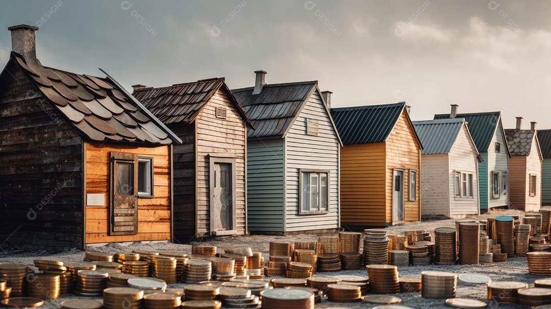Conceito Imóveis Habitação Casas minúsculas cercadas por pilhas de moedas O mercado imobiliário.