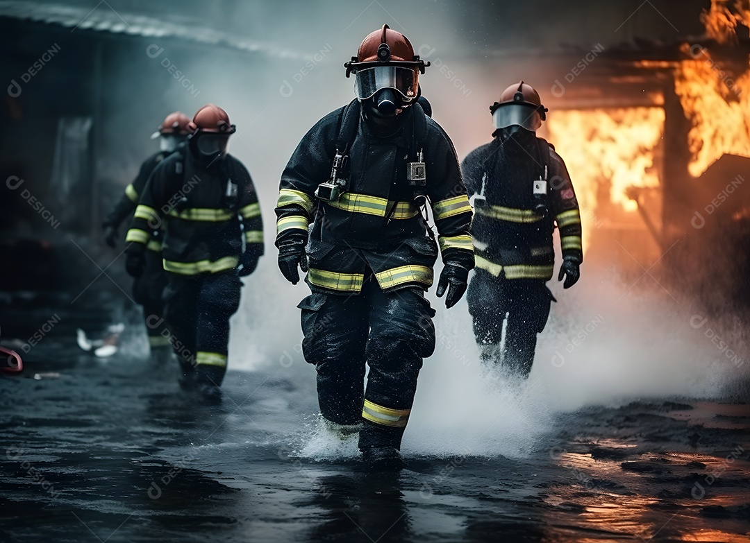Bombeiros Com Máscara De Fumaça Saindo De Incêndio Imagem Inteligência Artificial
