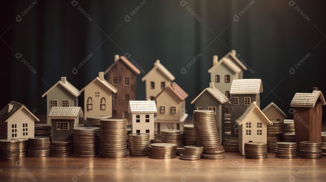 Conceito Imóveis Habitação Casas minúsculas cercadas por pilhas de moedas O mercado imobiliário.