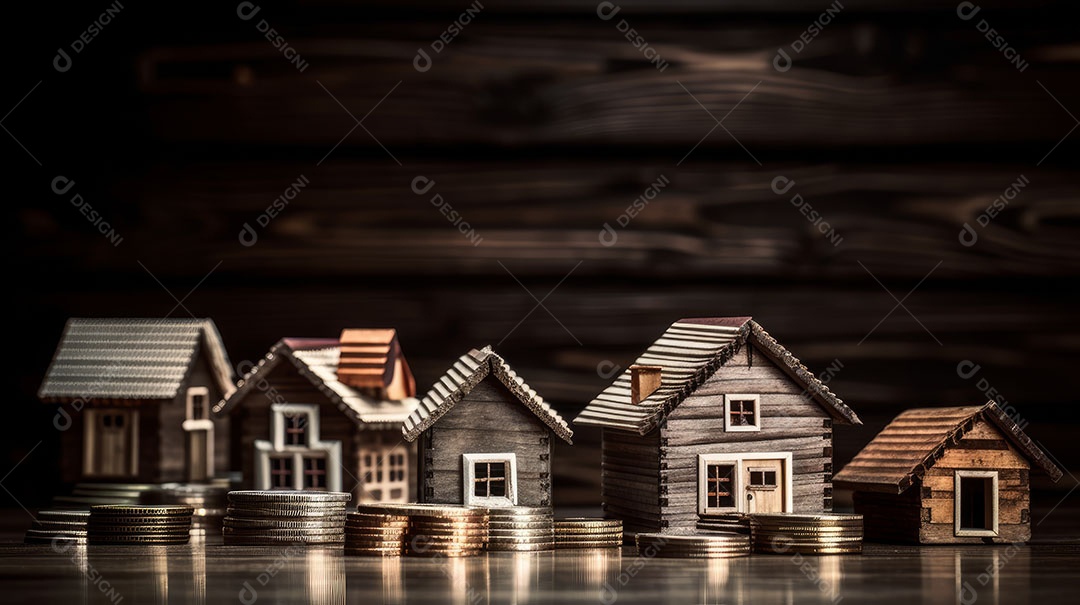 Conceito Imóveis Habitação Casas minúsculas cercadas por pilhas de moedas O mercado imobiliário.