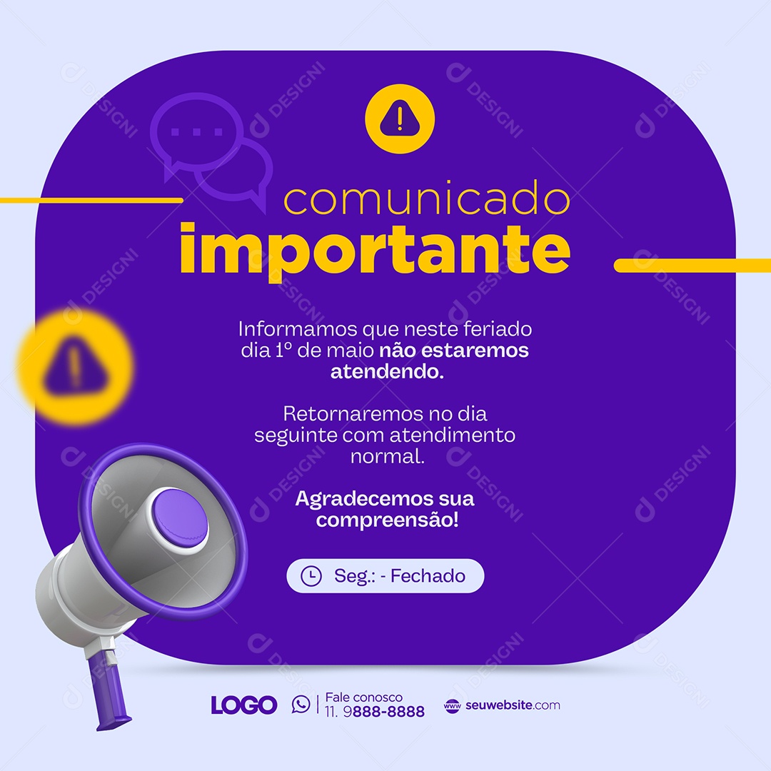Comunicado Importante Feriado Dia do Trabalhador Social Media PSD Editável