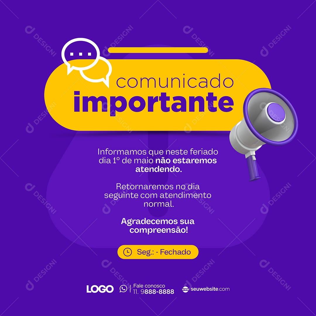 Comunicado Importante Feriado Dia do Trabalhador Social Media PSD Editável