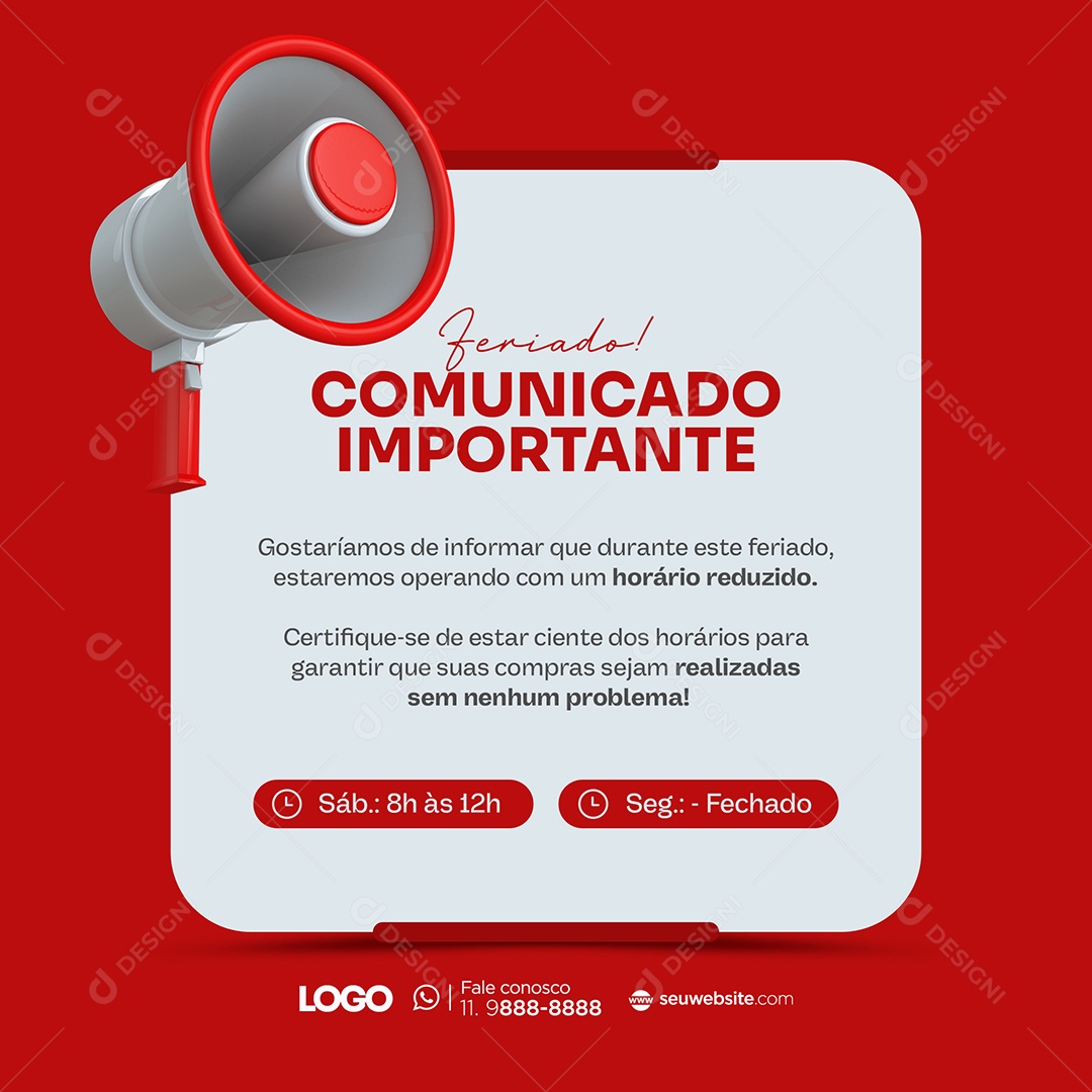 Comunicado Importante Feriado Dia do Trabalhador Social Media PSD Editável