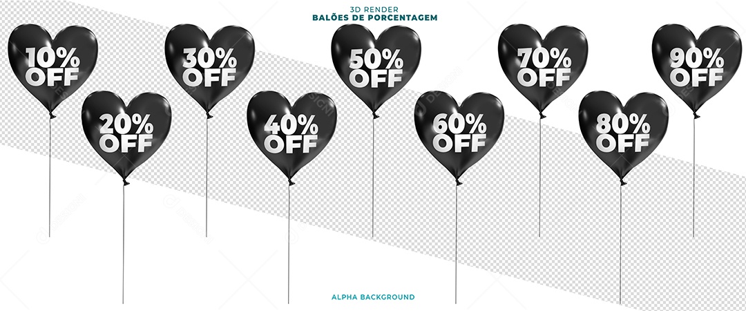Balões De Coração Preto De Desconto Elemento 3D Para Composição PSD