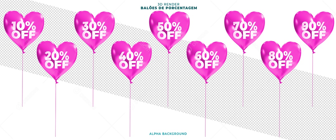 Balões De Coração Rosa De Desconto Elemento 3D Para Composição PSD