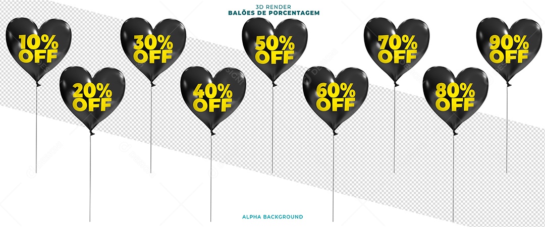 Balões De Coração Preto De Desconto Elemento 3D Para Composição PSD