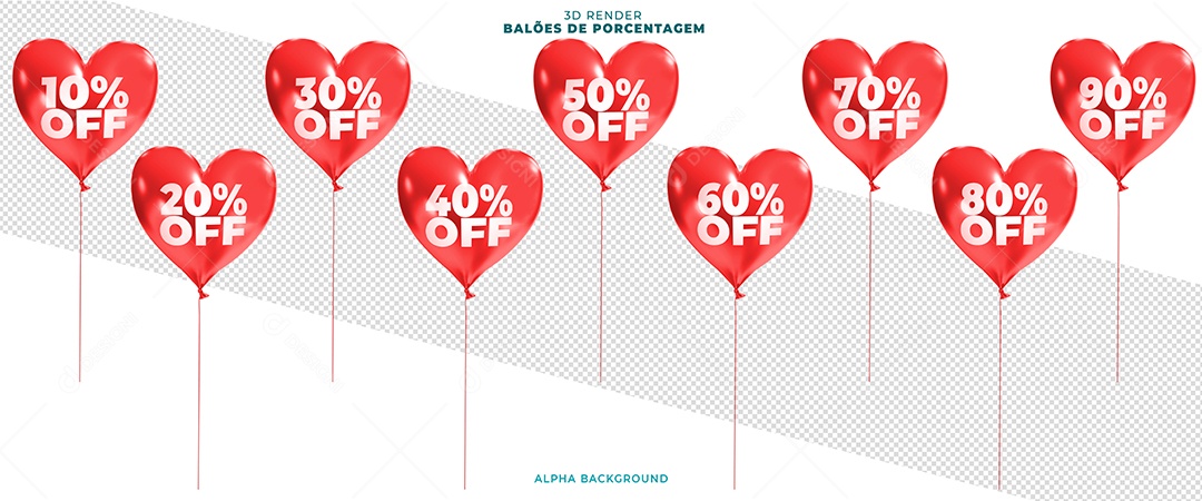 Balões De Coração Vermelho De Desconto Elemento 3D Para Composição PSD