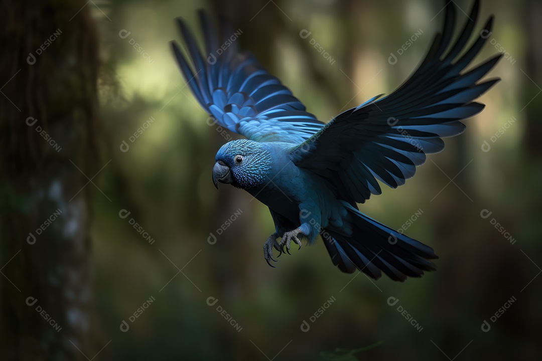 Arara azul voando em fundo bokeh gerado por IA