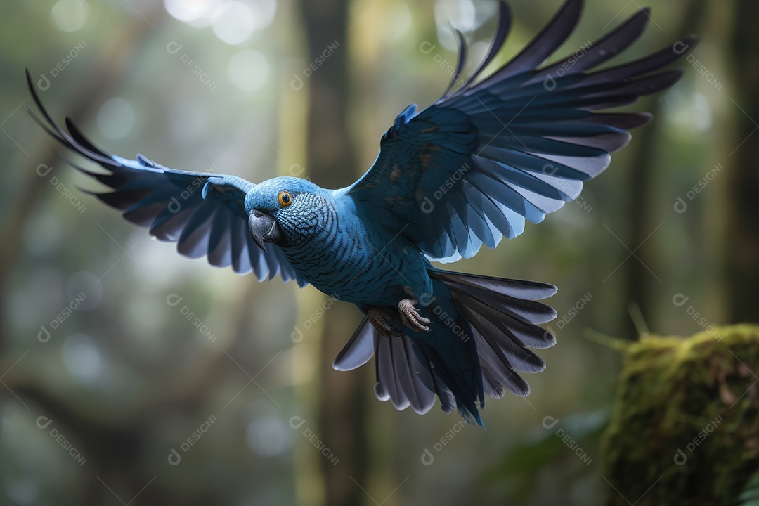 Arara azul voando em fundo bokeh gerado por IA