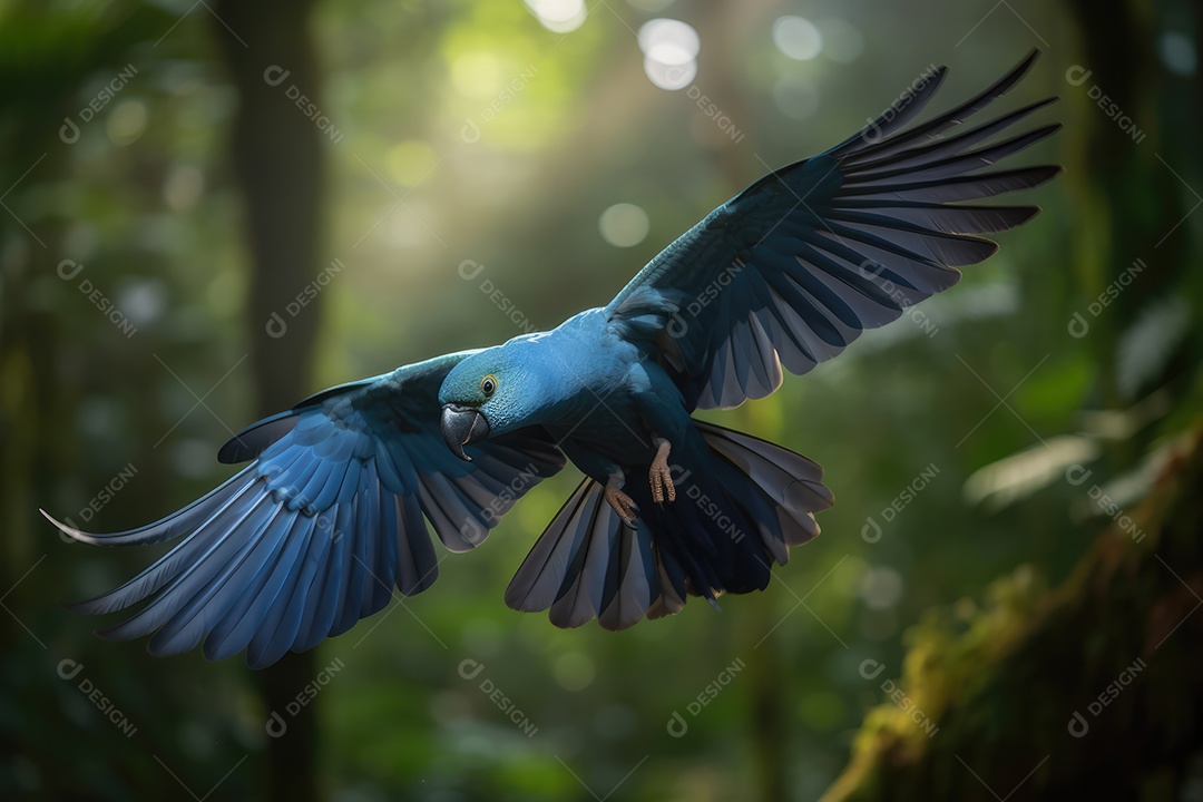 Arara azul voando em fundo bokeh gerado por IA