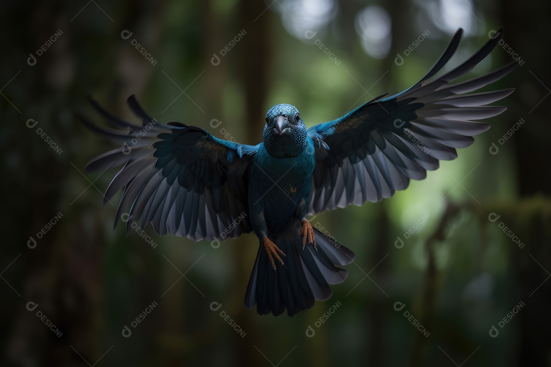 Arara azul voando em fundo bokeh gerado por IA