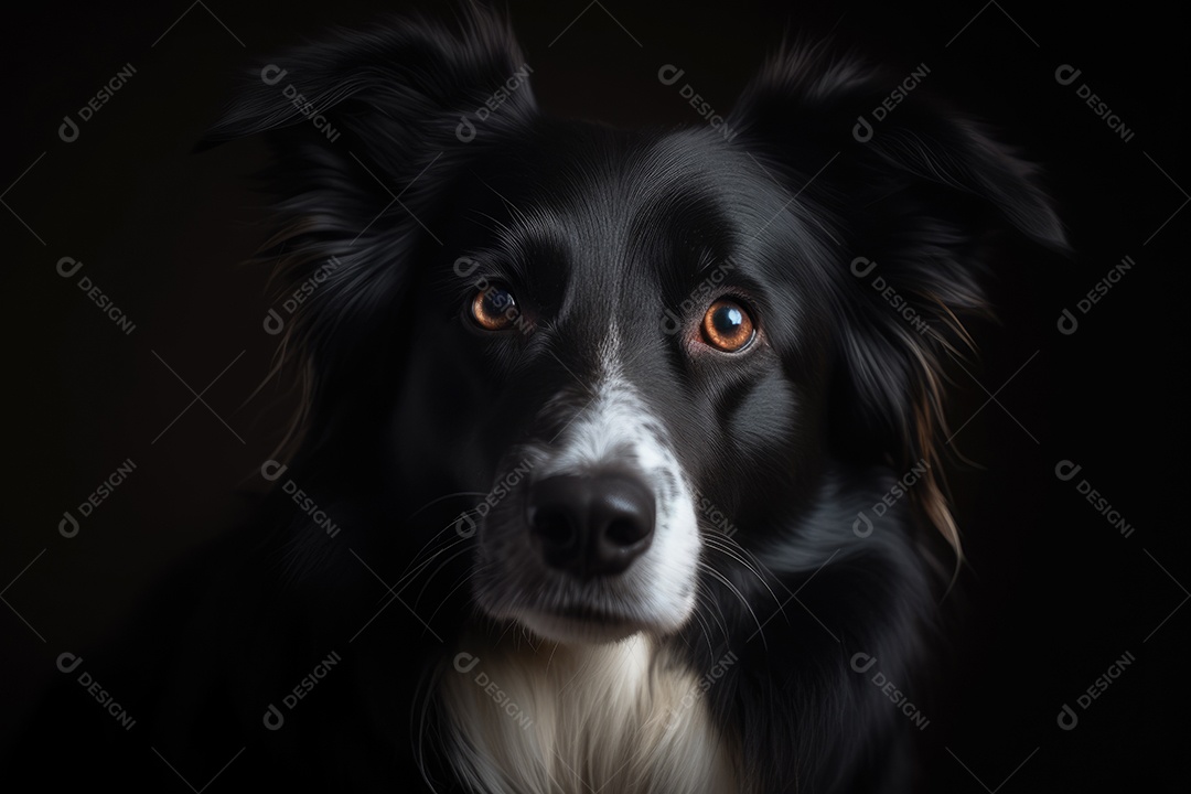 Border collie olhando para a câmera fundo preto gerado por IA