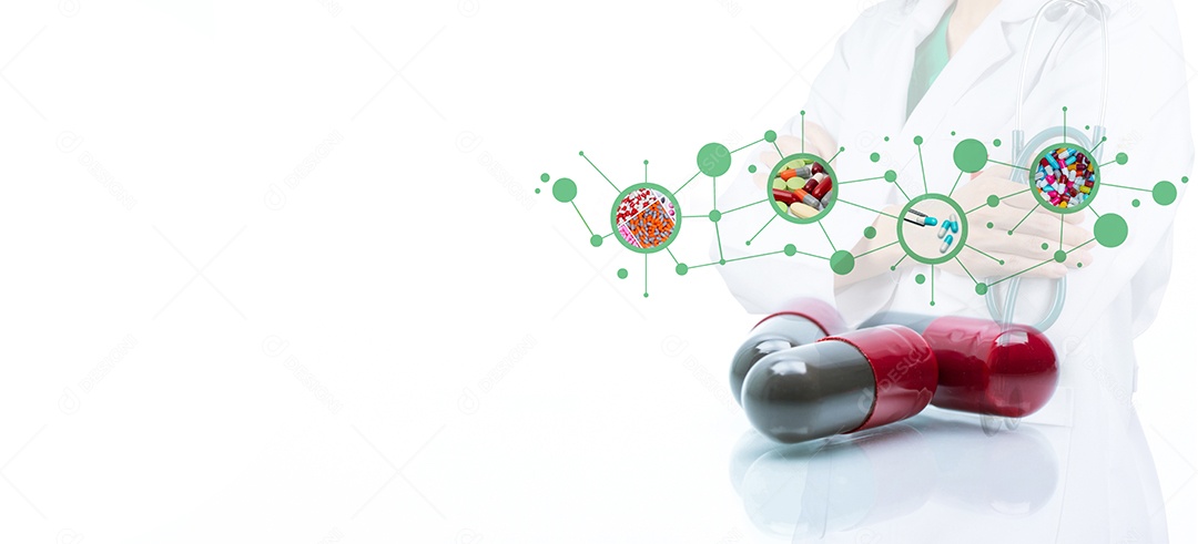 Medicamentos antibióticos e um médico ao fundo