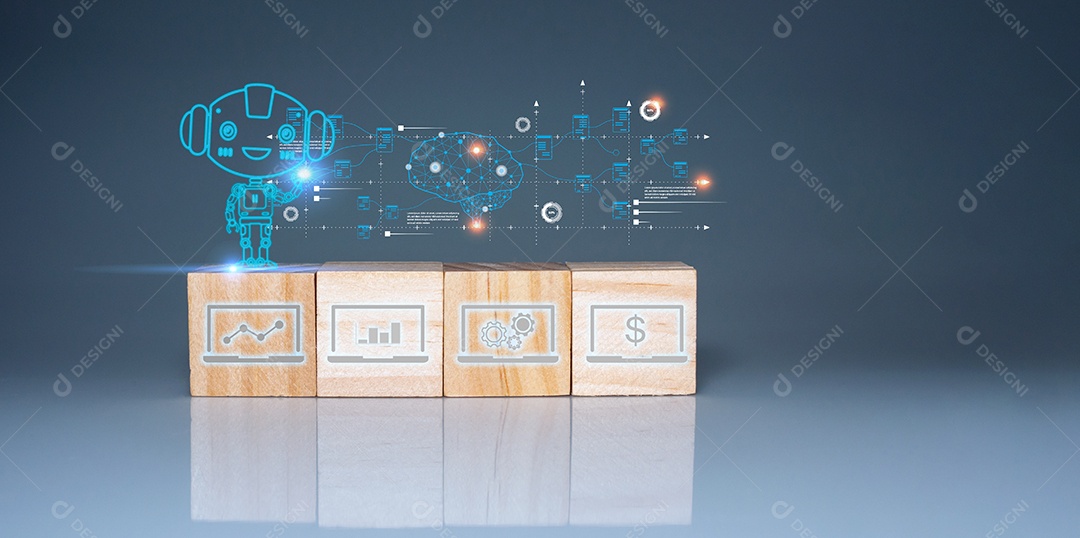 Um modelo AI fica em um bloco de madeira. Representa o funcionamento do sistema de inteligência artificial.