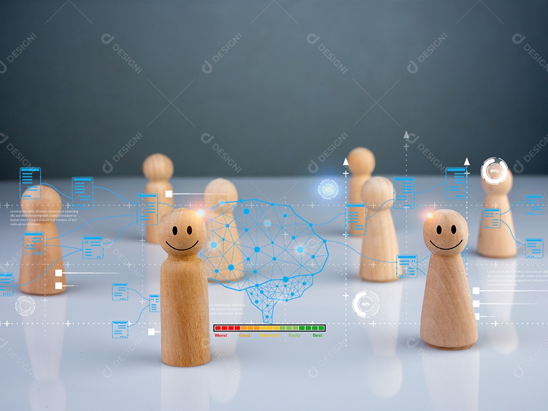 Figura de boneca de madeira com símbolos de comunicação e tecnologia. Mídia social e conceito de tecnologia.