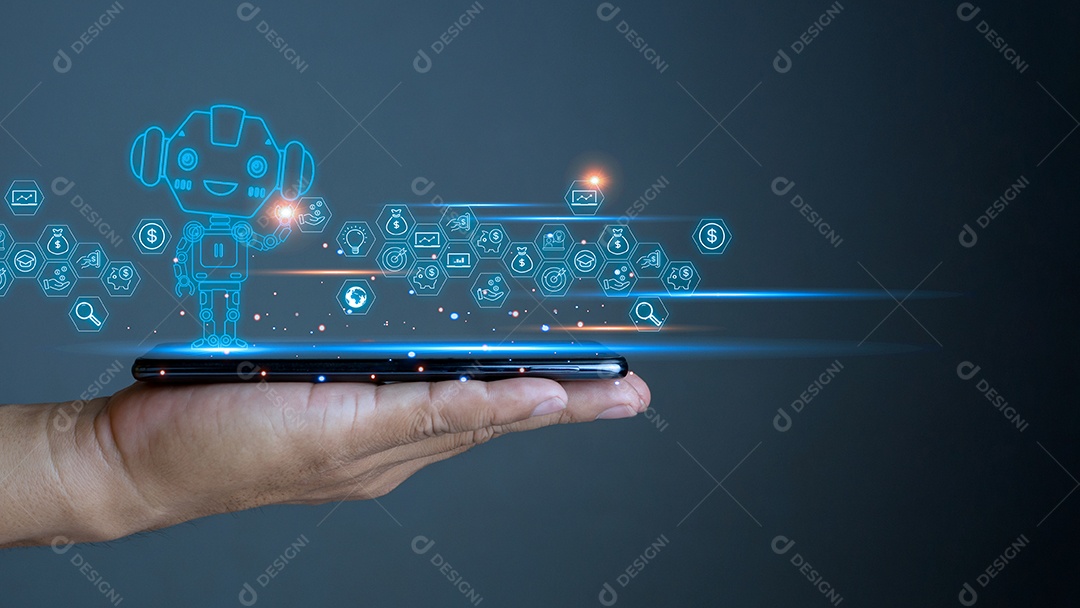 O telefone é colocado na tampa da mão da pessoa. Tecnologia de comunicação, conceito de inteligência artificial.