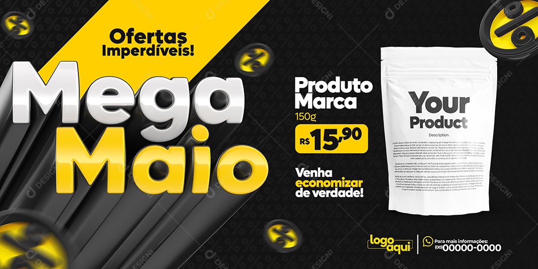 Banner Ofertas Imperdíveis Mega Maio Produto Supermercado Social Media PSD Editável