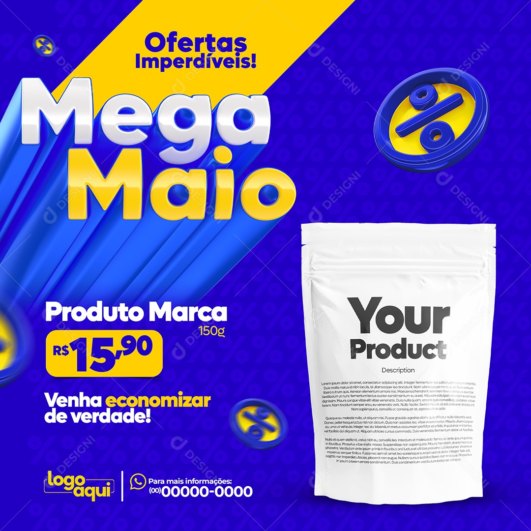 Social Media Ofertas Imperdíveis Mega Maio Produto Supermercado PSD Editável