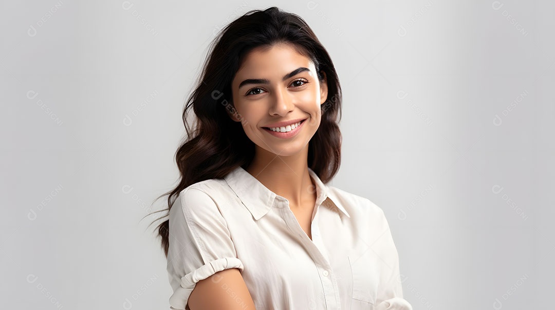 Linda mulher jovem sorridente sobre fundo isolado branco