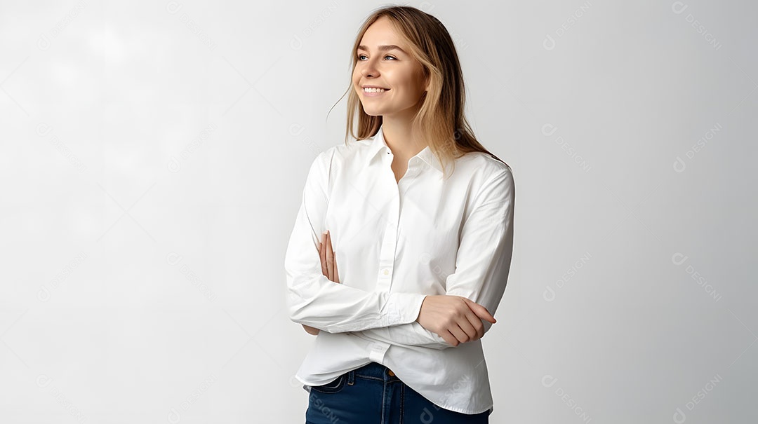 Linda mulher jovem sorridente sobre fundo isolado branco