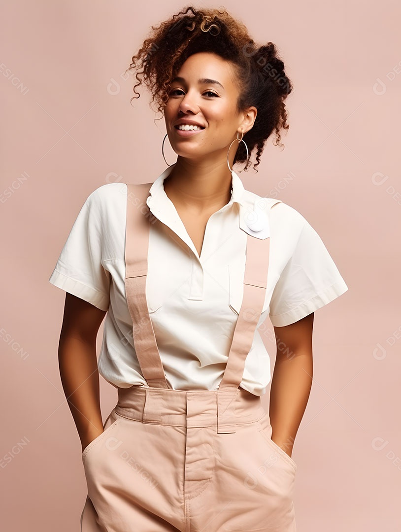 Linda mulher jovem sorridente cabelo cacheado sobre fundo isolado branco