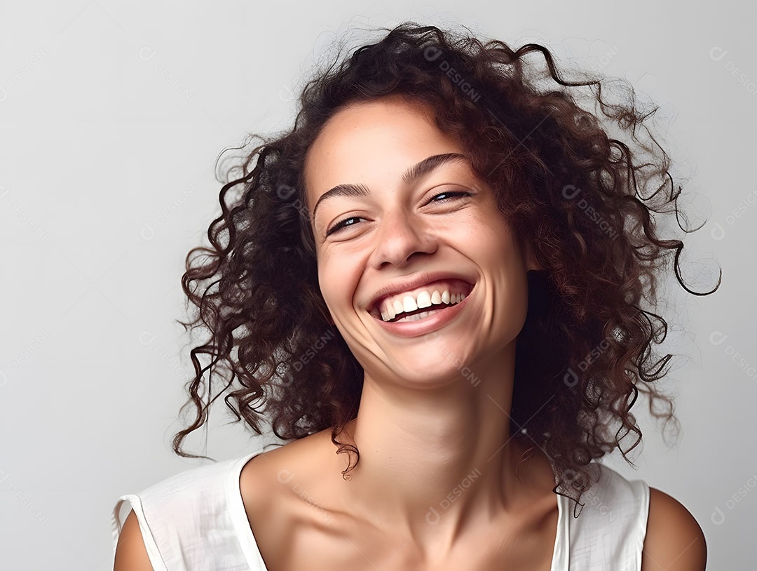 Linda mulher jovem cabelo cacheado sobre fundo isolado branco