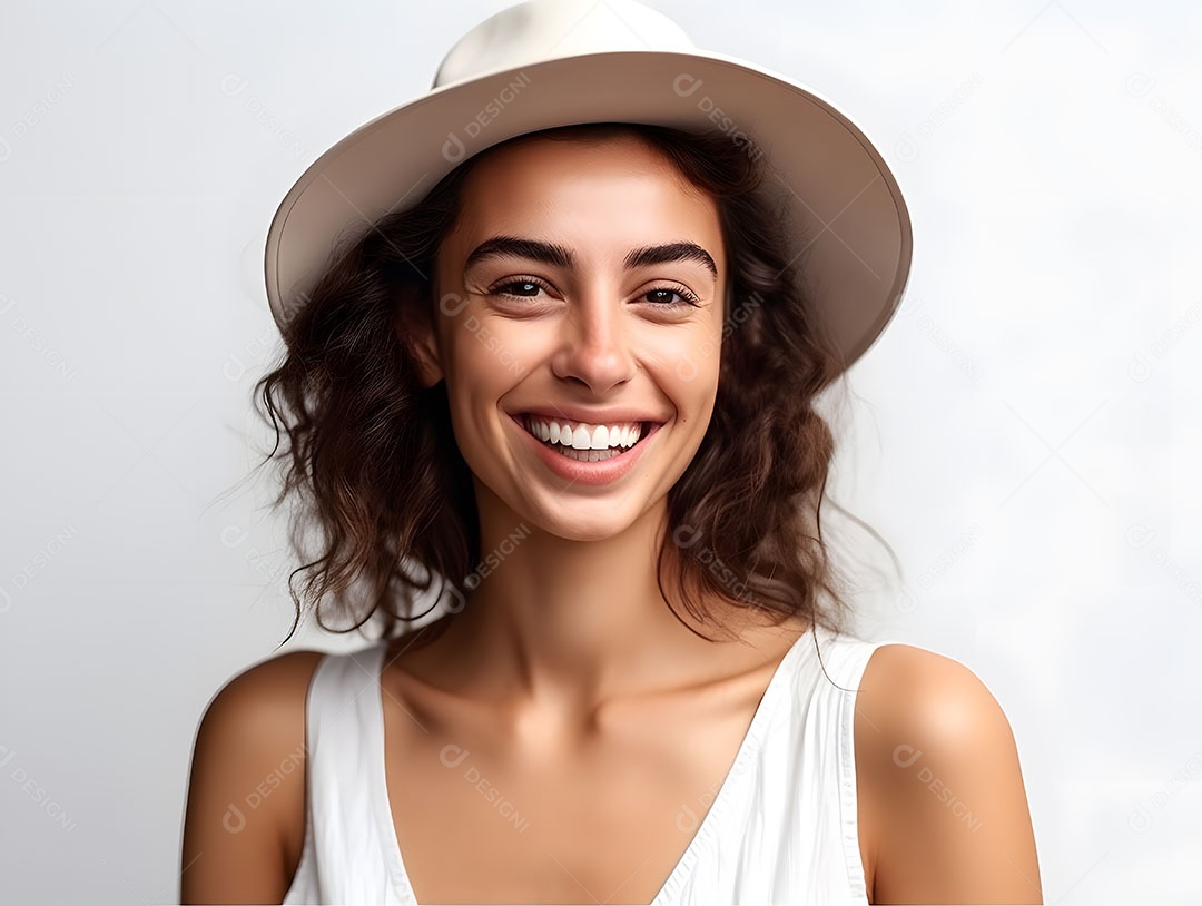Linda mulher jovem sorridente cabelo cacheado sobre fundo isolado branco