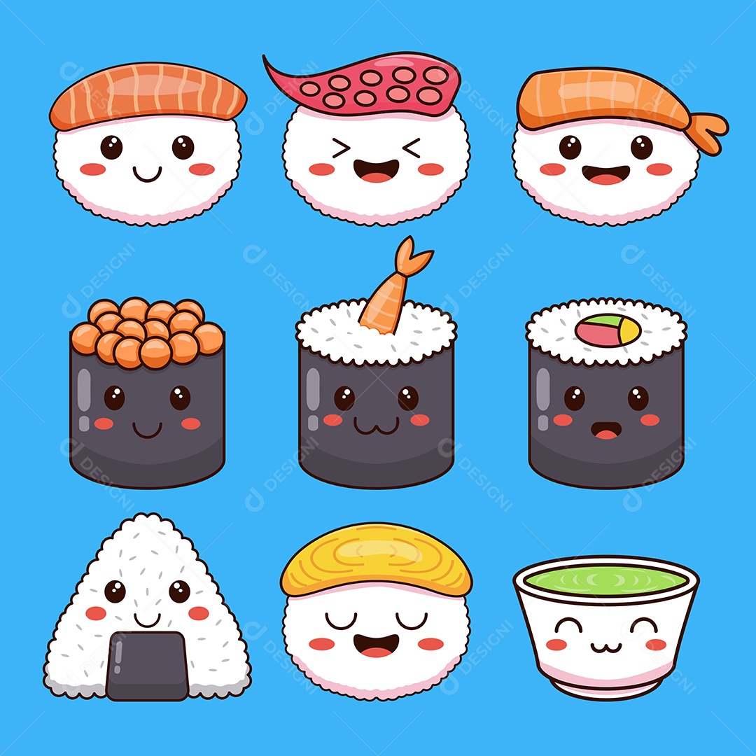 Ilustração Vetorial de um Conjunto de Personagens Fofos de Comida de Sushi do Japão EPS