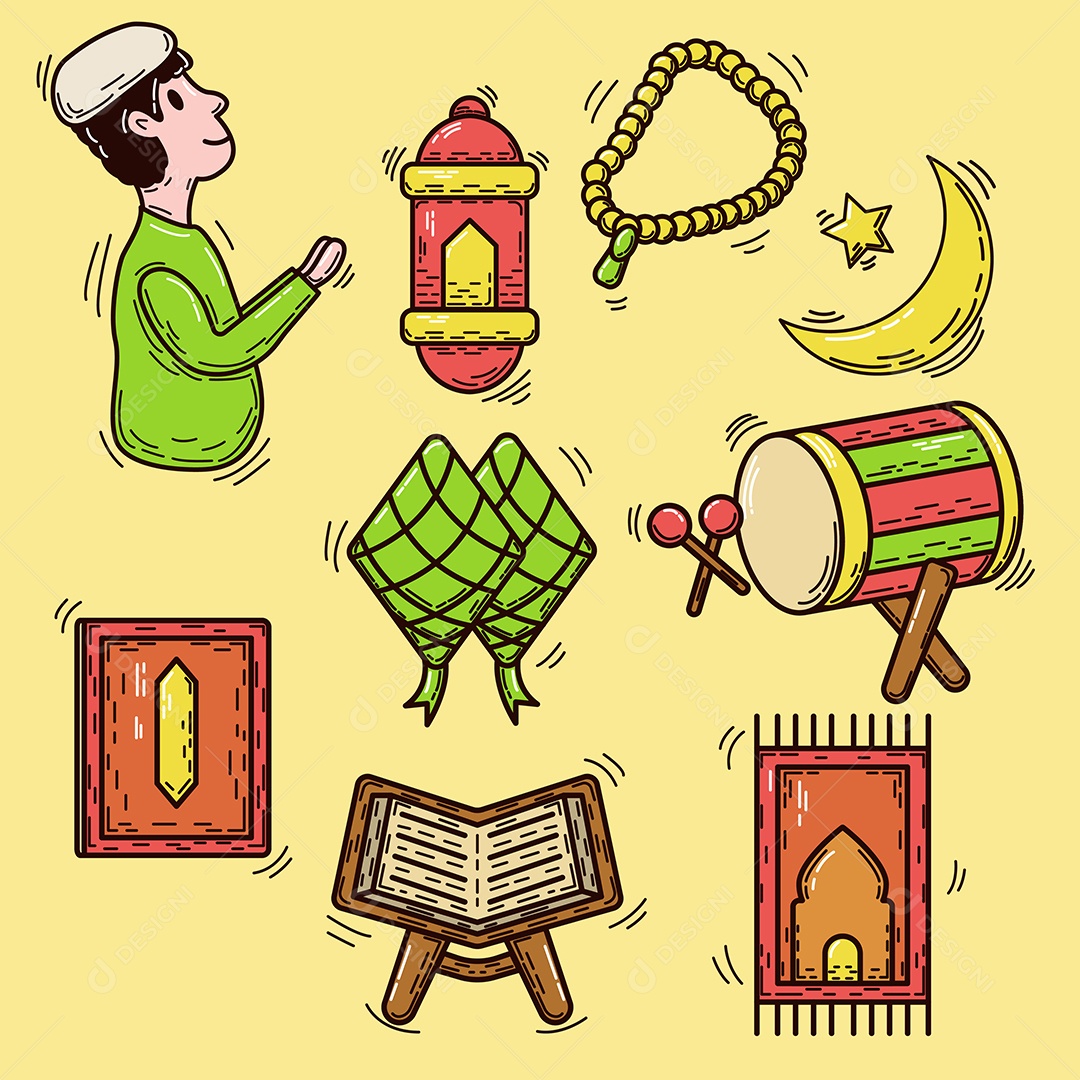 Conjunto de Rabiscos Com um Tema de Ramadã de Vários Tipos, Ilustração Vetorial EPS