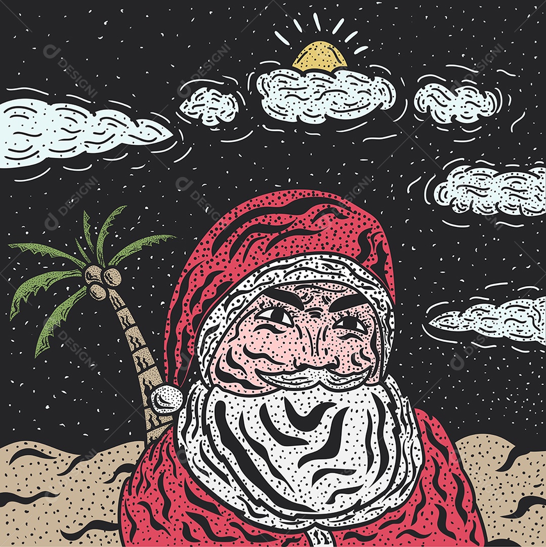 Ilustração de Papai Noel no Fundo da Praia à Noite Vetor EPS Editável