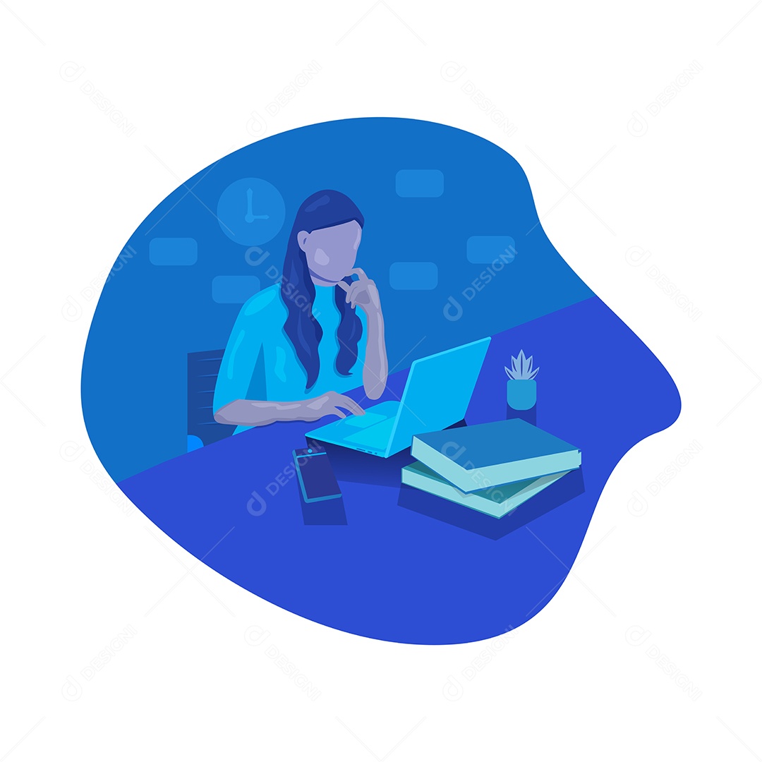 Mulher Trabalhando em um Computador Vetor EPS Editável