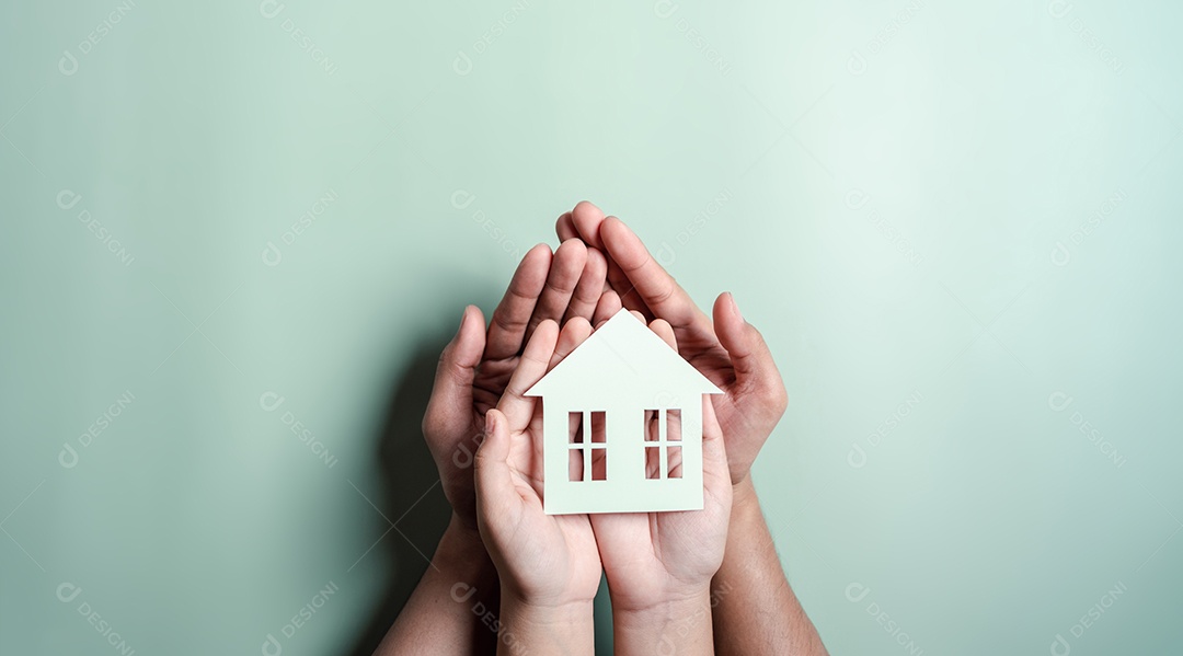 Mãos segurando uma casa de madeira, casa de família